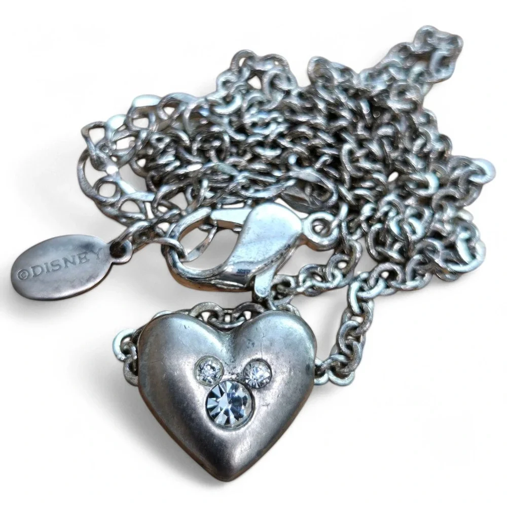 Super Cute Disney Mickey Mouse Rhinestone Heart Slider Pendant Silver Tone Chain